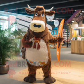 Brown Zebu mascot costume character dressed with a Board Shorts and Mittens