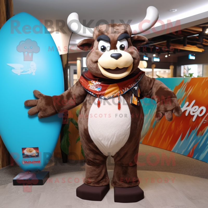 Brown Zebu mascot costume character dressed with a Board Shorts and Mittens