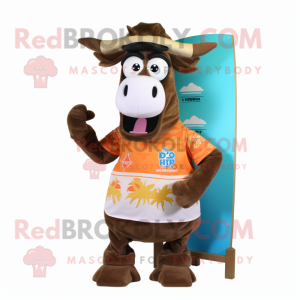 Brown Zebu mascot costume character dressed with a Board Shorts and Mittens