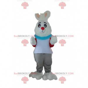 Maskot bílý králík oblečený, kostým plyšového zajíčka -