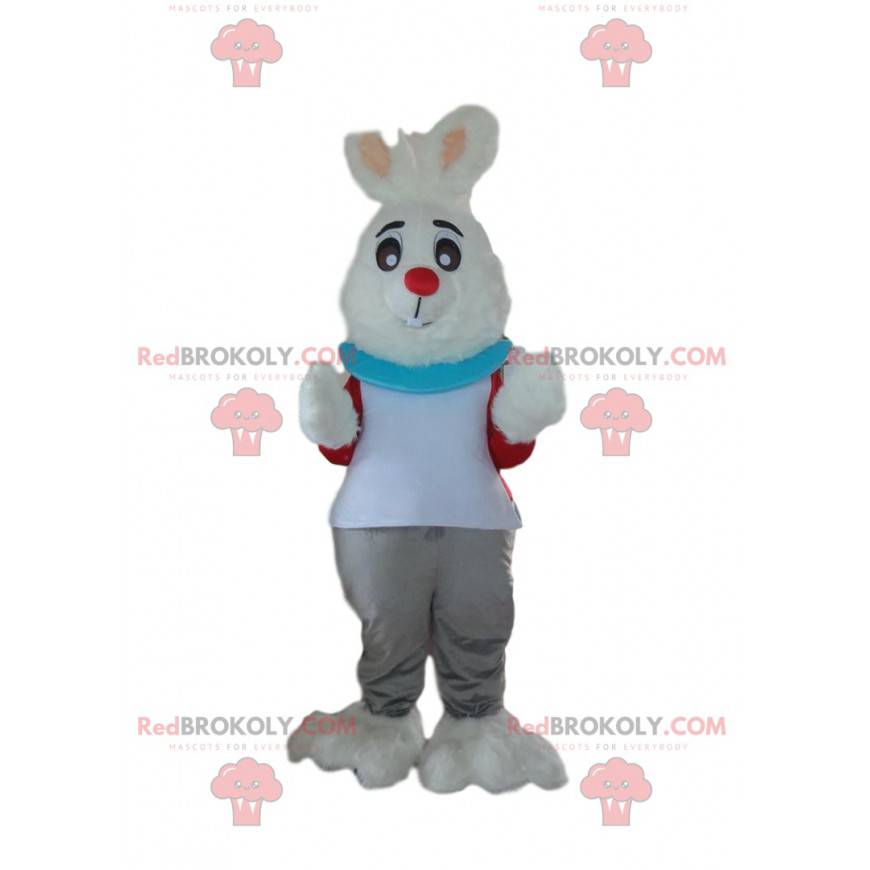 Mascotte de lapin blanc habillé, costume de lapin en peluche -