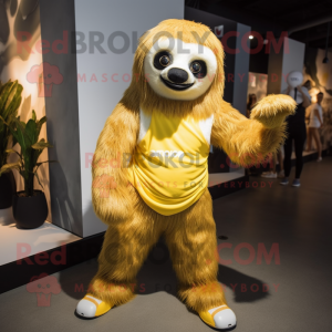 Gold Sloth mascot costume character dressed with a Skirt and Shoe laces