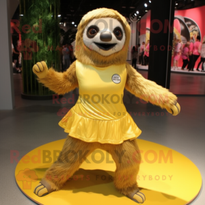 Gold Sloth mascot costume character dressed with a Skirt and Shoe laces