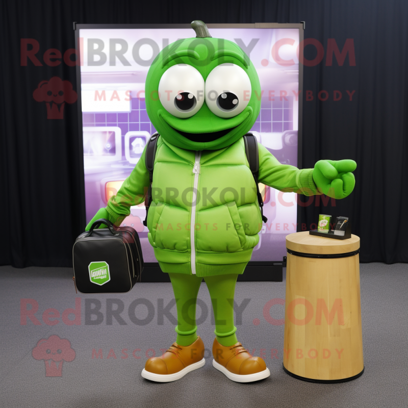 Lime Green Grenade mascot costume character dressed with a Sweatshirt and Wallets