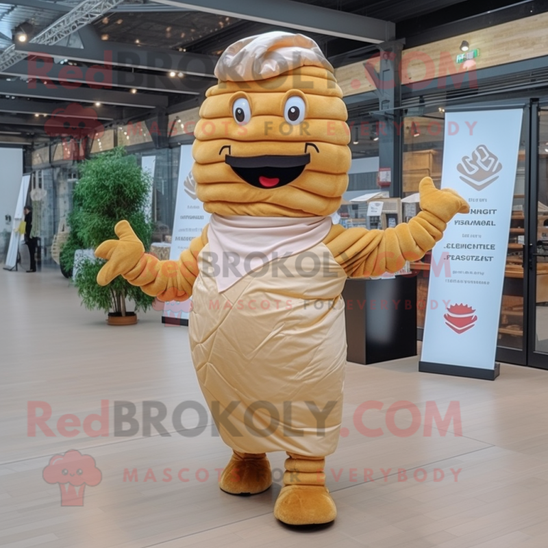 Beige Croissant mascot costume character dressed with a Overalls and Headbands