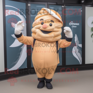 Beige Croissant mascot costume character dressed with a Overalls and Headbands