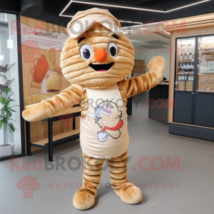 Beige Croissant mascot costume character dressed with a Overalls and Headbands