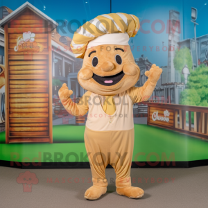 Beige Croissant mascot costume character dressed with a Overalls and Headbands