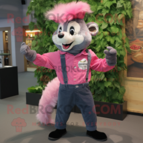 Pink Skunk mascot costume character dressed with a Denim Shirt and Cummerbunds