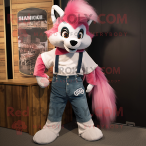 Pink Skunk mascot costume character dressed with a Denim Shirt and Cummerbunds