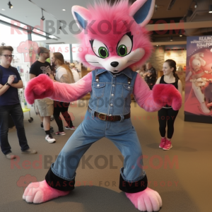 Pink Skunk mascot costume character dressed with a Denim Shirt and Cummerbunds