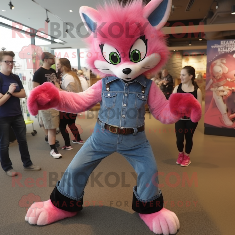 Pink Skunk mascot costume character dressed with a Denim Shirt and Cummerbunds