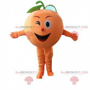 Mascota naranja gigante y sonriente, disfraz de fruta -