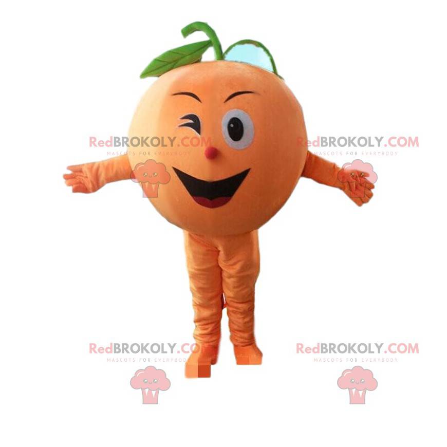 Gigantisk og smilende oransje maskot, fruktdrakt -