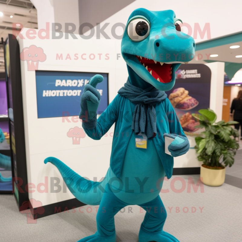 Teal Coelophysis mascot costume character dressed with a Turtleneck and Wallets