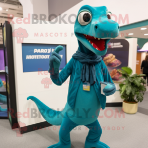 Teal Coelophysis mascot costume character dressed with a Turtleneck and Wallets