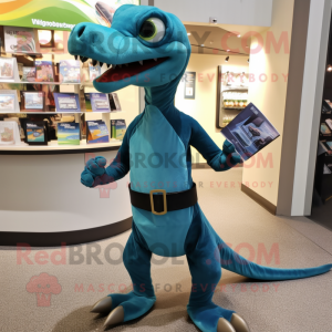 Teal Coelophysis mascot costume character dressed with a Turtleneck and Wallets