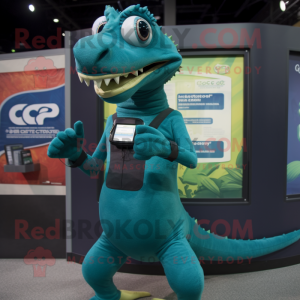 Teal Coelophysis mascot costume character dressed with a Turtleneck and Wallets