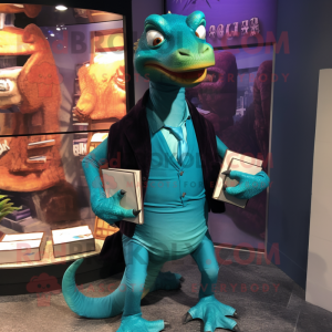 Teal Coelophysis mascot costume character dressed with a Turtleneck and Wallets