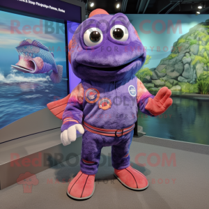 Purple Salmon mascot costume character dressed with a Rash Guard and Lapel pins