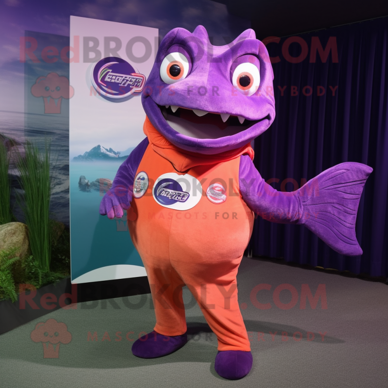 Purple Salmon mascot costume character dressed with a Rash Guard and Lapel pins