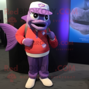 Purple Salmon mascot costume character dressed with a Rash Guard and Lapel pins