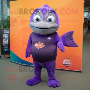 Purple Salmon mascot costume character dressed with a Rash Guard and Lapel pins