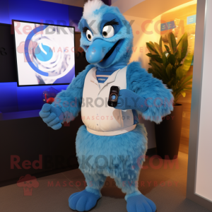 Sky Blue Emu mascot costume character dressed with a Cover-up and Smartwatches