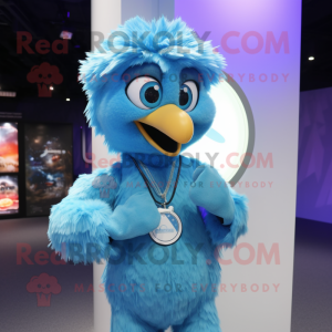 Sky Blue Emu mascot costume character dressed with a Cover-up and Smartwatches