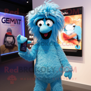 Sky Blue Emu mascot costume character dressed with a Cover-up and Smartwatches