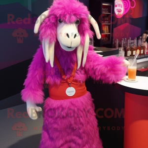 Magenta Angora Goat mascot costume character dressed with a Cocktail Dress and Beanies