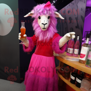 Magenta Angora Goat mascot costume character dressed with a Cocktail Dress and Beanies