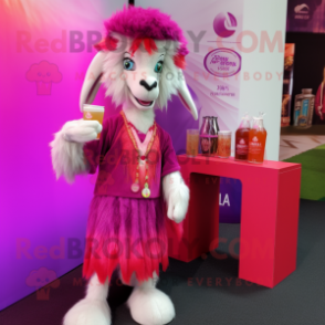 Magenta Angora Goat mascot costume character dressed with a Cocktail Dress and Beanies