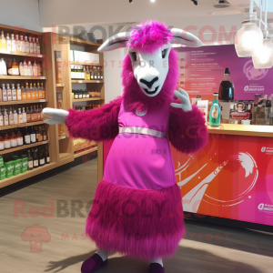 Magenta Angora Goat mascot costume character dressed with a Cocktail Dress and Beanies