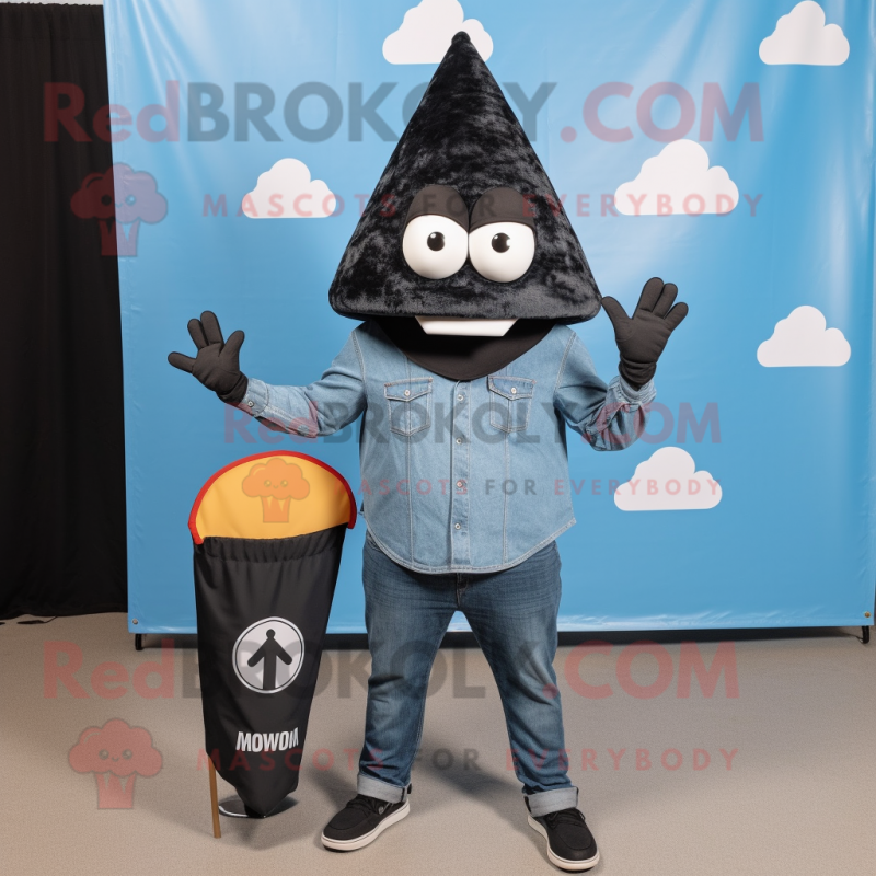 Black Ice Cream Cone mascot costume character dressed with a Denim Shirt and Coin purses