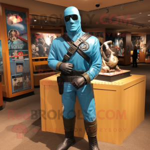 Turquoise Gi Joe mascot costume character dressed with a Leather Jacket and Shawl pins