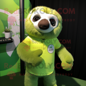 Lime Green Sloth mascot costume character dressed with a Polo Shirt and Brooches
