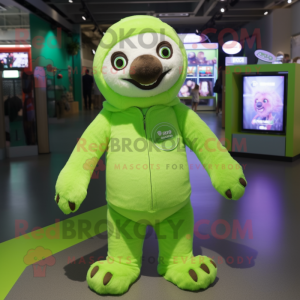 Lime Green Sloth mascot costume character dressed with a Polo Shirt and Brooches