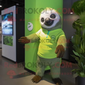 Lime Green Sloth mascot costume character dressed with a Polo Shirt and Brooches