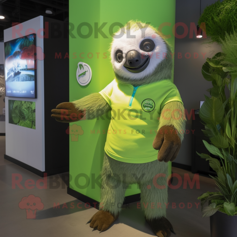 Lime Green Sloth mascot costume character dressed with a Polo Shirt and Brooches Lime Green Sloth mascot costume character dressed with a Polo Shirt and Brooches