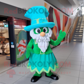 Cyan Leprechaun Hat mascot costume character dressed with a Maxi Skirt and Messenger bags