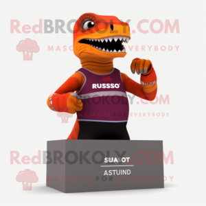 Rust Allosaurus mascot costume character dressed with a Swimwear and Smartwatches
