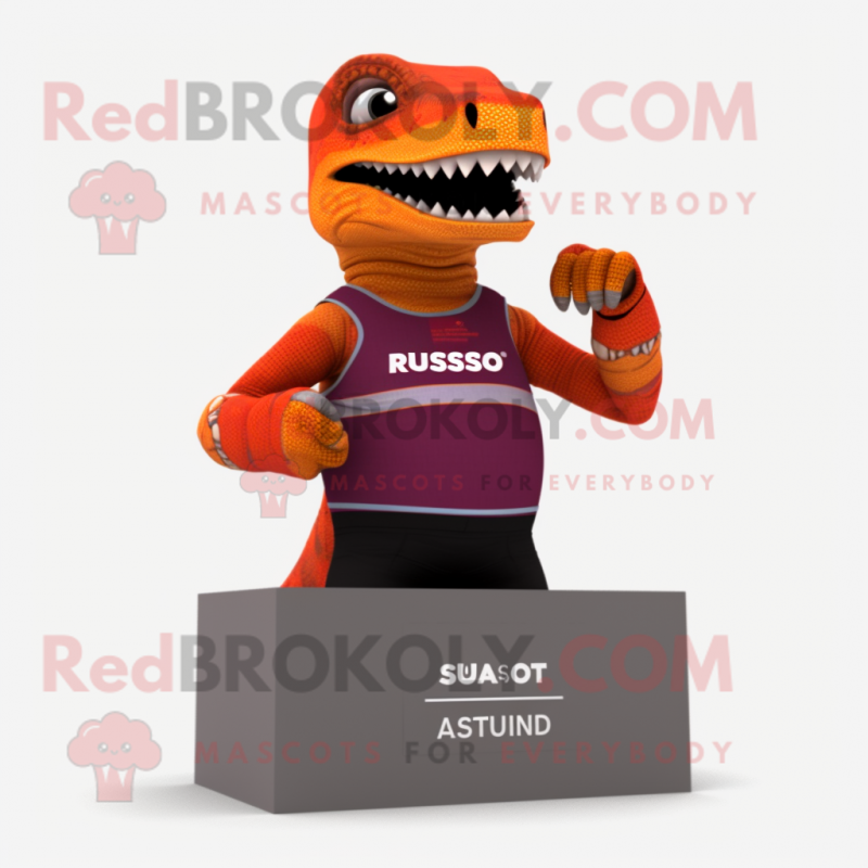 Rust Allosaurus mascot costume character dressed with a Swimwear and Smartwatches Rust Allosaurus mascot costume character dressed with a Swimwear and Smartwatches