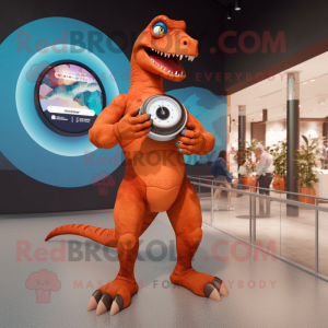 Rust Allosaurus mascot costume character dressed with a Swimwear and Smartwatches