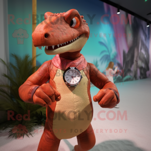 Rust Allosaurus mascot costume character dressed with a Swimwear and Smartwatches