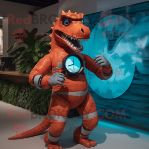 Rust Allosaurus mascot costume character dressed with a Swimwear and Smartwatches