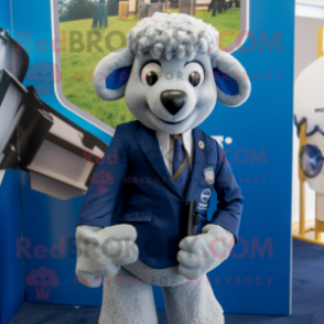 Blue Merino Sheep mascot costume character dressed with a Blazer and Pocket squares