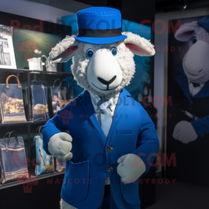 Blue Merino Sheep mascot costume character dressed with a Blazer and Pocket squares