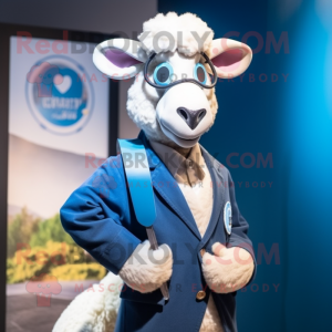 Blue Merino Sheep mascot costume character dressed with a Blazer and Pocket squares