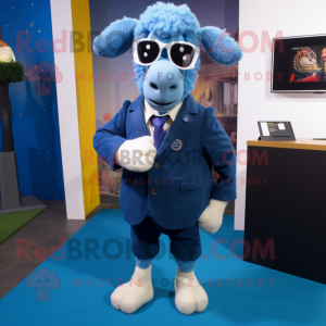 Blue Merino Sheep mascot costume character dressed with a Blazer and Pocket squares
